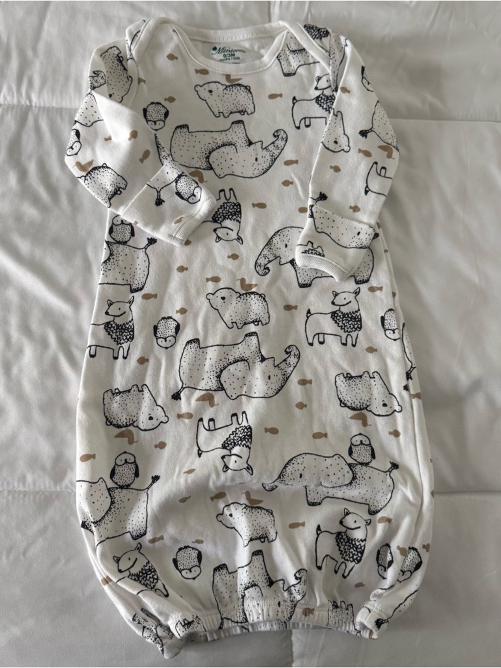 Minicoco Baby 0-3 mo White Nightgown with Black Animal Prints and Tan Accents